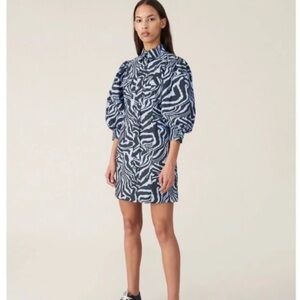 GANNI Zebra Print Puff Sleeve Mini Dress Blue Grey Size 36 US 4